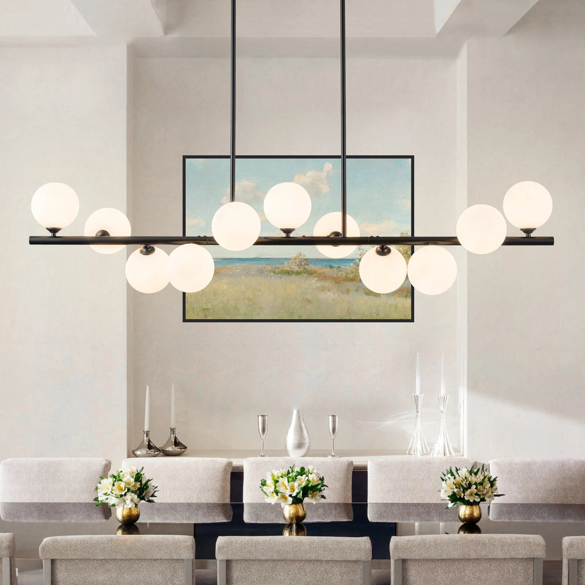 11-Light Linear Chandelier Bubble Chandelier Height Adjustable Chandeliers for Dining Room Kitchen Island 51in Chandelier
