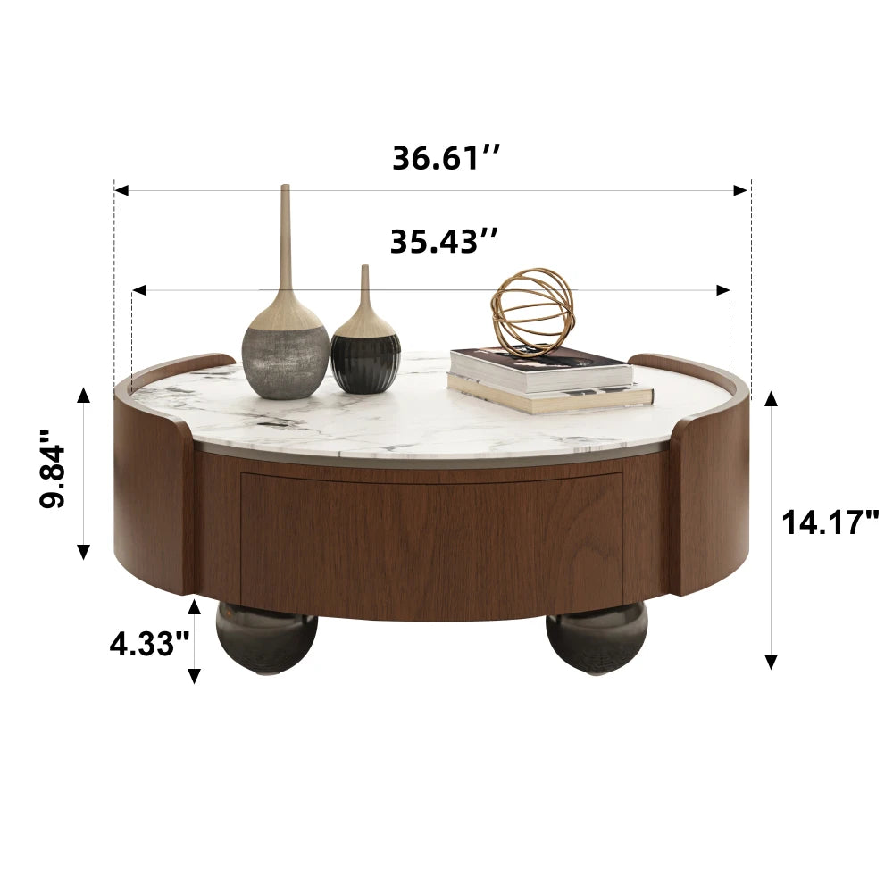 Round Stone Top Coffee Table Dual Storage Drawers Walnut Wood Frame Black Ball Feet Cocktail Table for Living Room Home Office