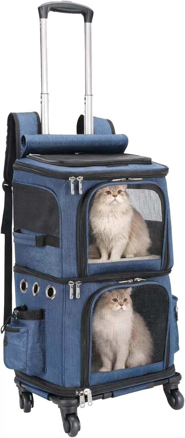 Double-Compartment Pet Carrier Backpack with Wheels for Small Cats and Dogs, Perfect for Traveling and Vet Visits, Blue