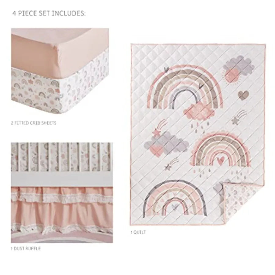 - Over The Rainbow 4-Piece Baby Bed Set - Pink Grey Taupe Tan and Coral - Includes Reversible Quilt Rainbow Fitted Sheet Pink F