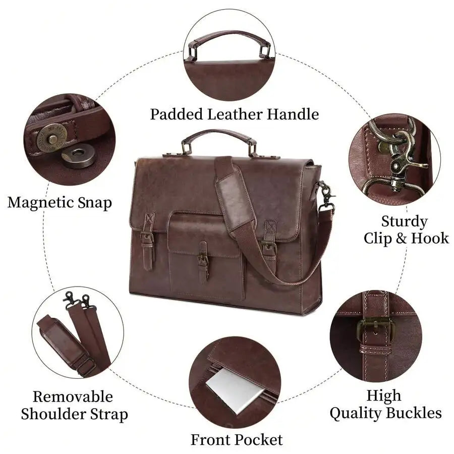 Men's Vintage Leather Messenger Bag: Waterproof 15.6" Laptop Briefcase, Large Satchel for Office & Travel.