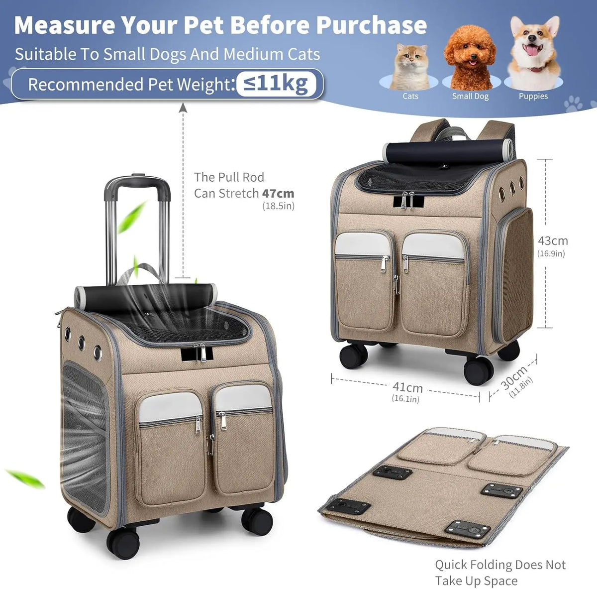 Foldable Pet Carrier Backpack with Wheels for Small Dogs and Cats up to 24lbs, Airline Approved with Storage Pockets