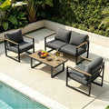 Outdoor Textilene Patio Conversation Set, 4-Piece Metal Frame Furniture With Loveseat, 2 Armchairs & Wood Look Coffee Table, Weather Resistant Outdoor Seating Group For Yard, Balcony, Terrace