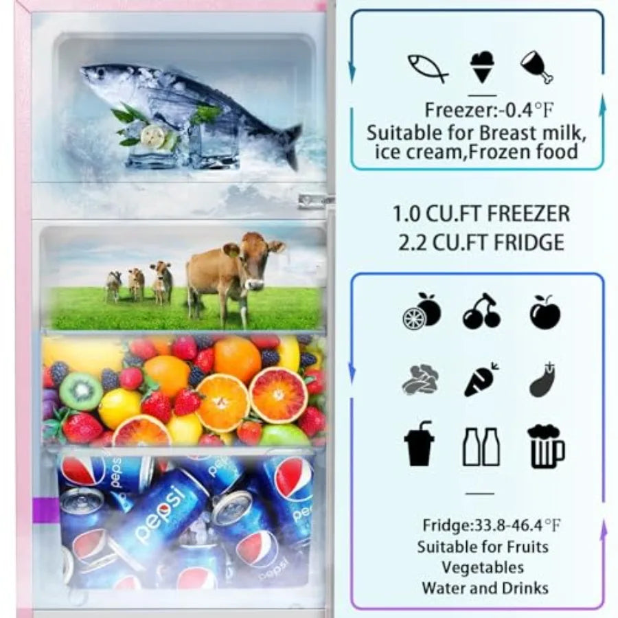Mini fridge with freezer for bedroom, office, kitchen, apartment, dorm; pink compact refrigerator, 3.2 cu.ft, two-door design,