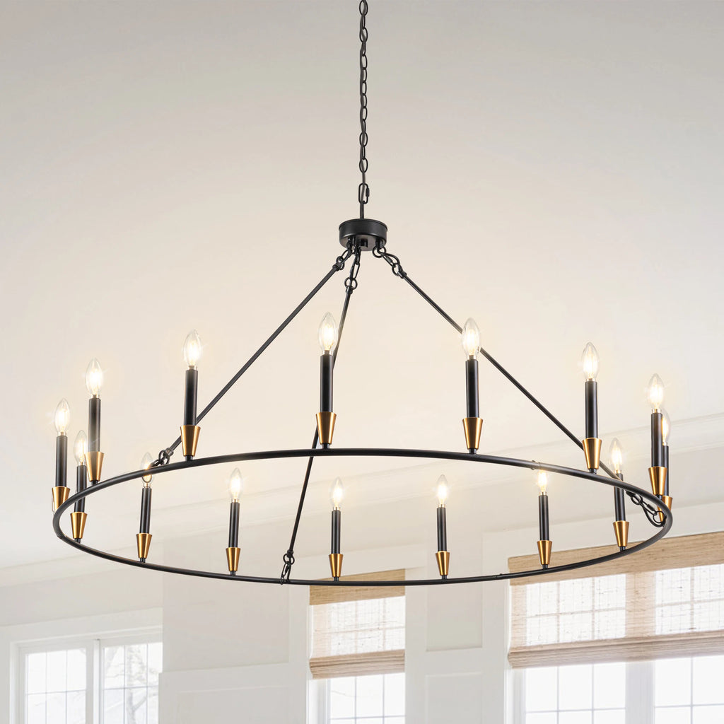 15-Lights Wagon Wheel Chandelier Black Farmhouse Chandelier Rustic Candle Pendant Light Dining Living Room Foyer Lighting