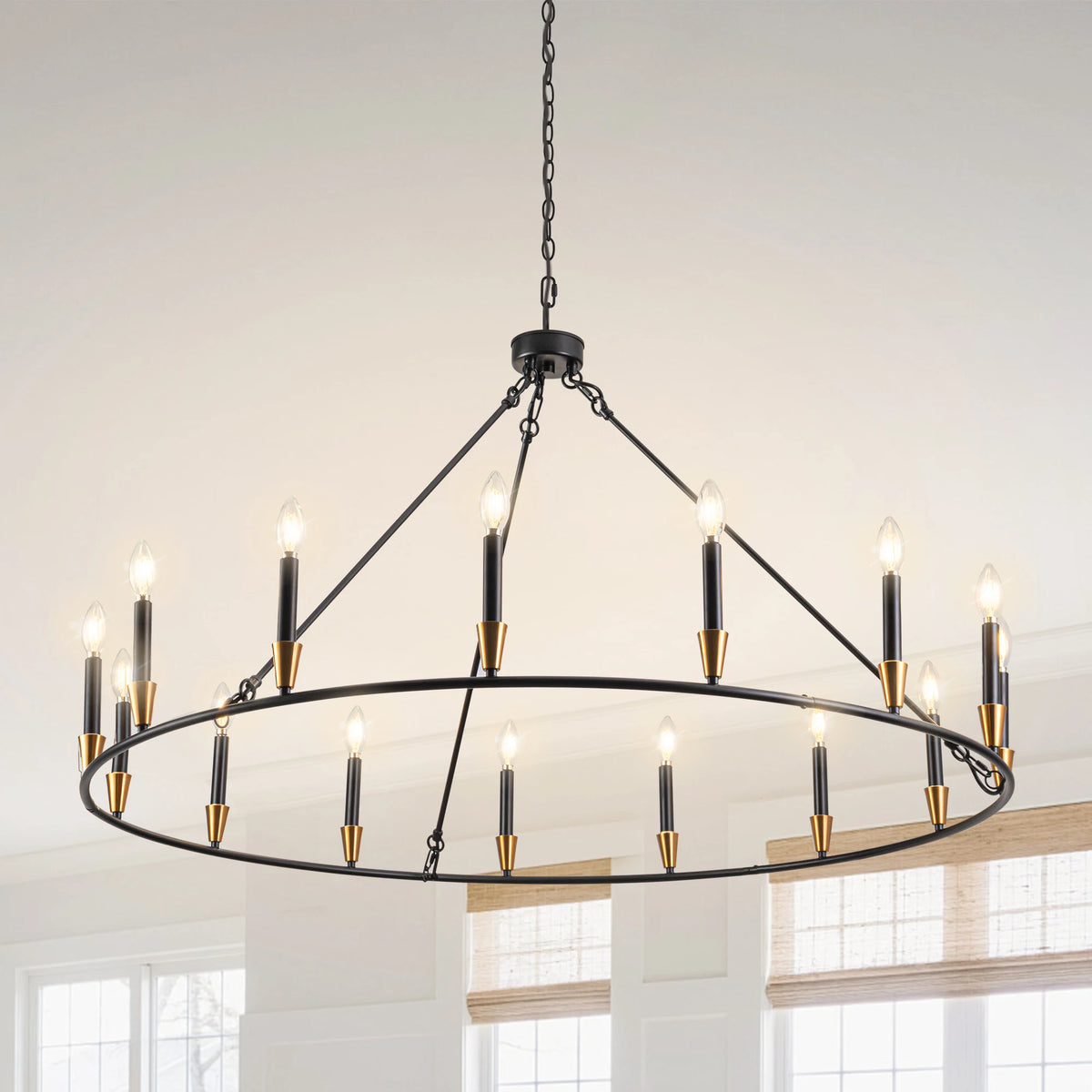 15-Lights Wagon Wheel Chandelier Black Farmhouse Chandelier Rustic Candle Pendant Light Dining Living Room Foyer Lighting