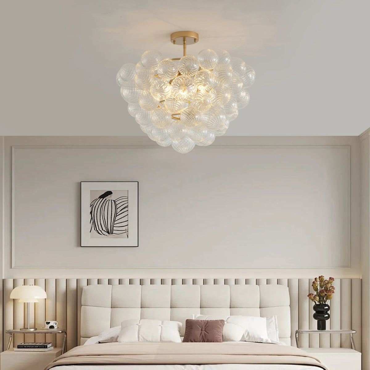 Golden Ceiling Pendant Light Chandelier with Threaded Clear Glass Globe Shade – Ideal for Living Room, Dining Room, Kitchen