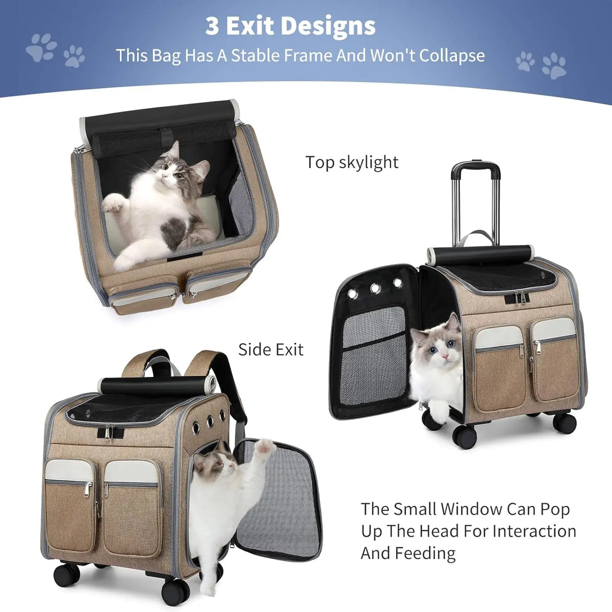 Foldable Pet Carrier Backpack with Wheels for Small Dogs and Cats up to 24lbs, Airline Approved with Storage Pockets