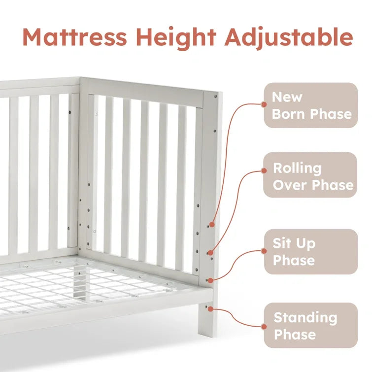 11-In-1 Convertible Mini Cradle to Full Size Crib Removable Wheels 4 Adjustable Heights (WHITE)