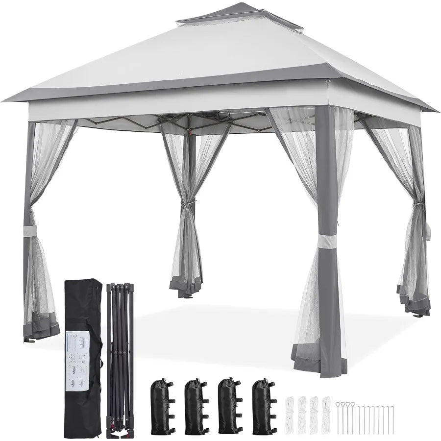 11x11 Pop Up Gazebo Double-Tier Canopy Tent w/Mesh Netting, Gray
