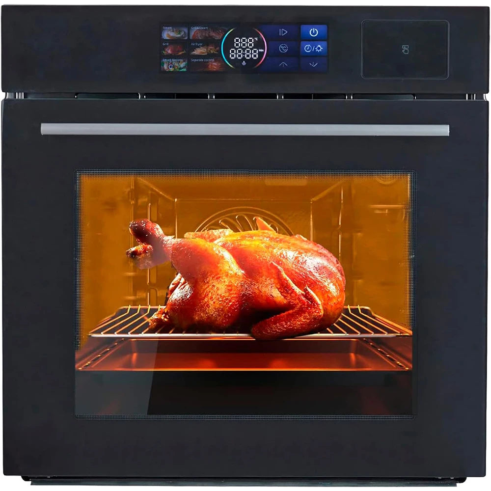 24" Built-in Electric Ovens with 70L Capacity 3000W Single Wall Oven with View Window Steam & Grill Oven 8 Cooking Functions