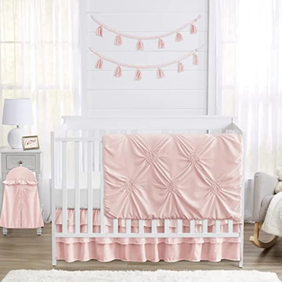4-Piece Baby Crib Bedding Set Pink Shabby Chic for Girls Infants/Nursery incl. Blanket Fitted Sheet Skirt Diaper Stacker (Elega