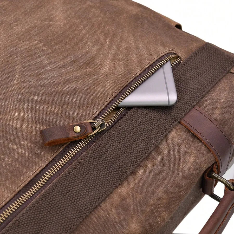 Men's Vintage Leather & Waxed Canvas Messenger Bag: Waterproof 15.6" Laptop Briefcase with Pencil Pouch. Rugged Satchel.