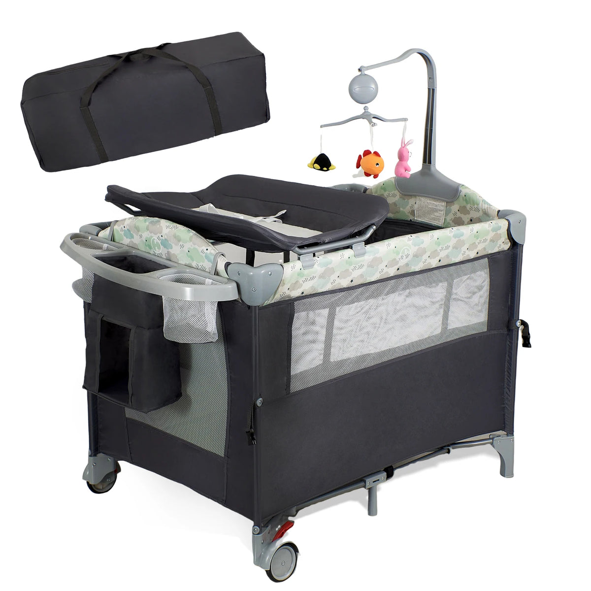 Pack n Play,Playard Bassinet with Changing Table Lockable Wheels Music Box Pack and Play Foldable Playard for Infant to Toddler