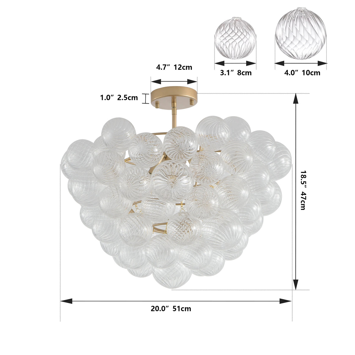 Golden Ceiling Pendant Light Chandelier with Threaded Clear Glass Globe Shade – Ideal for Living Room, Dining Room, Kitchen