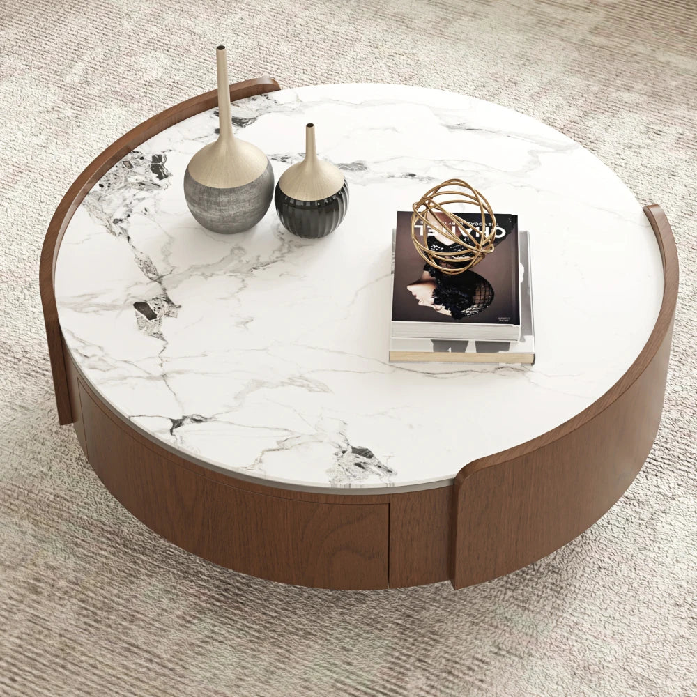 Round Stone Top Coffee Table Dual Storage Drawers Walnut Wood Frame Black Ball Feet Cocktail Table for Living Room Home Office