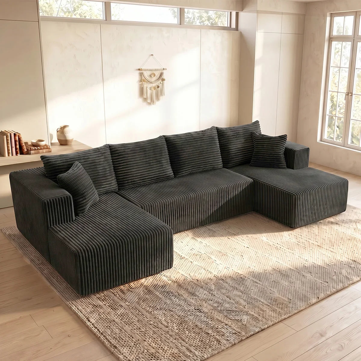 128" Boneless Modular Sectional Cloud Sofa, U-Shaped Double Chaise, Deep Seat, with 8 Free Throw Pillows for Living Room