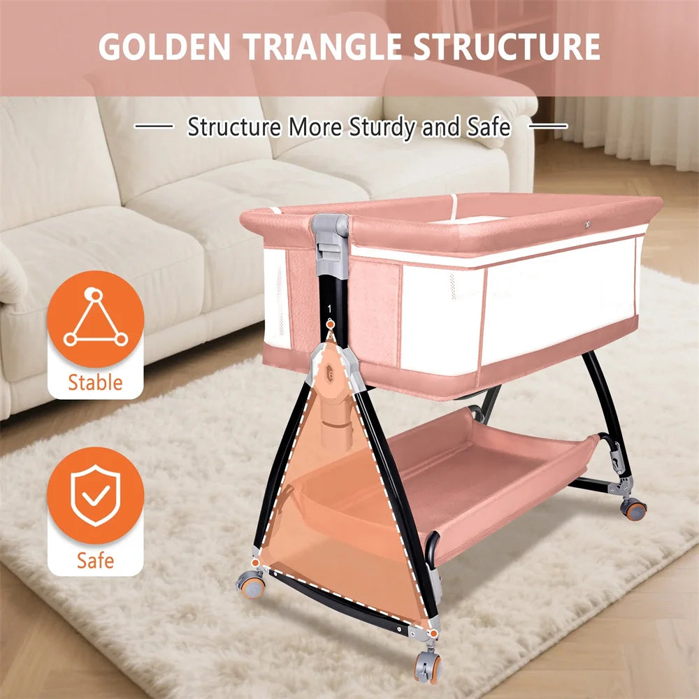 Baby Bassinet, HDJ Baby Bedside Sleeper Bassinet with 360° Wheel, Portable Infant Bed Side Crib for 0-6 Months, Pink