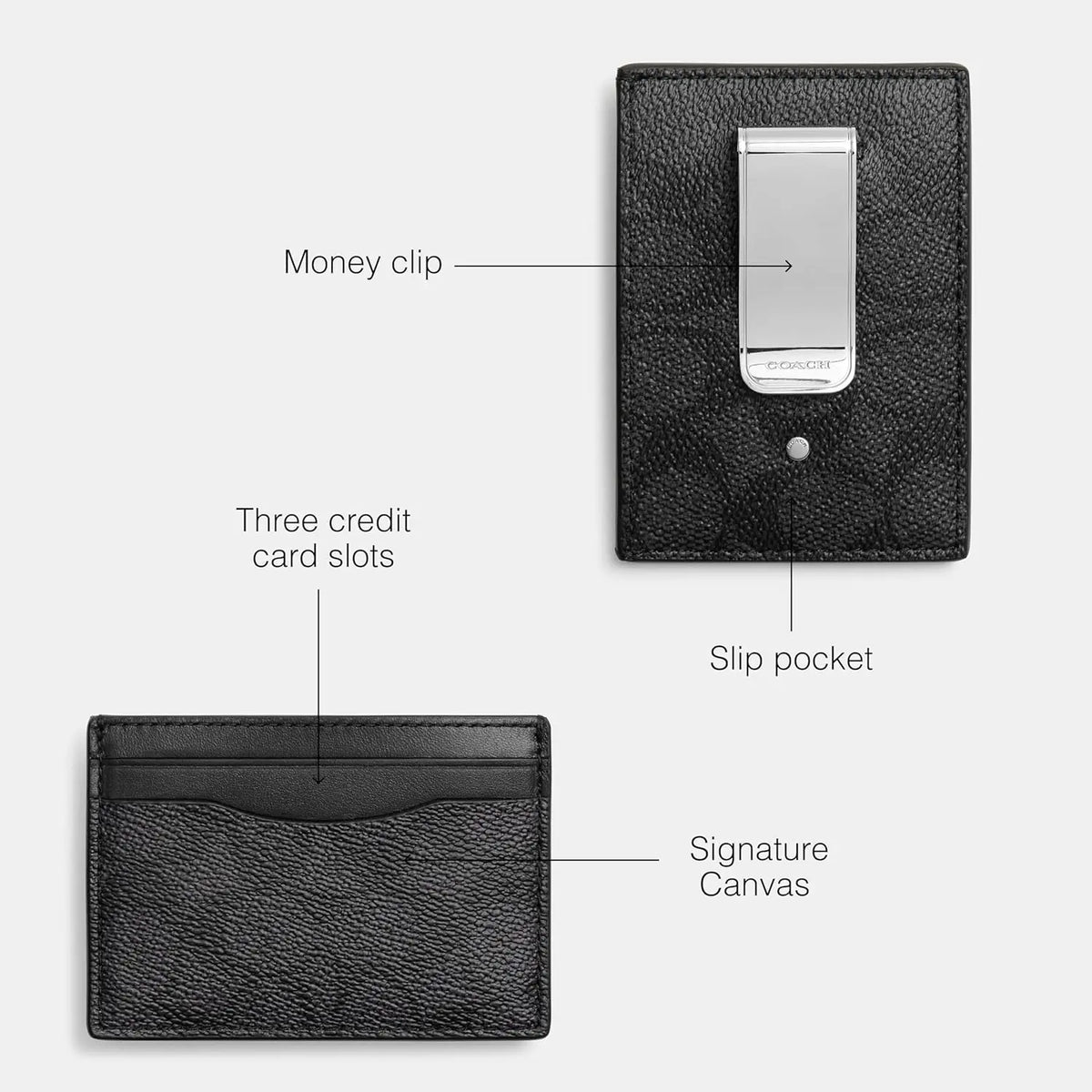 Mens Money Clip Card Case In Signature Canvas, Charcoal, One Size