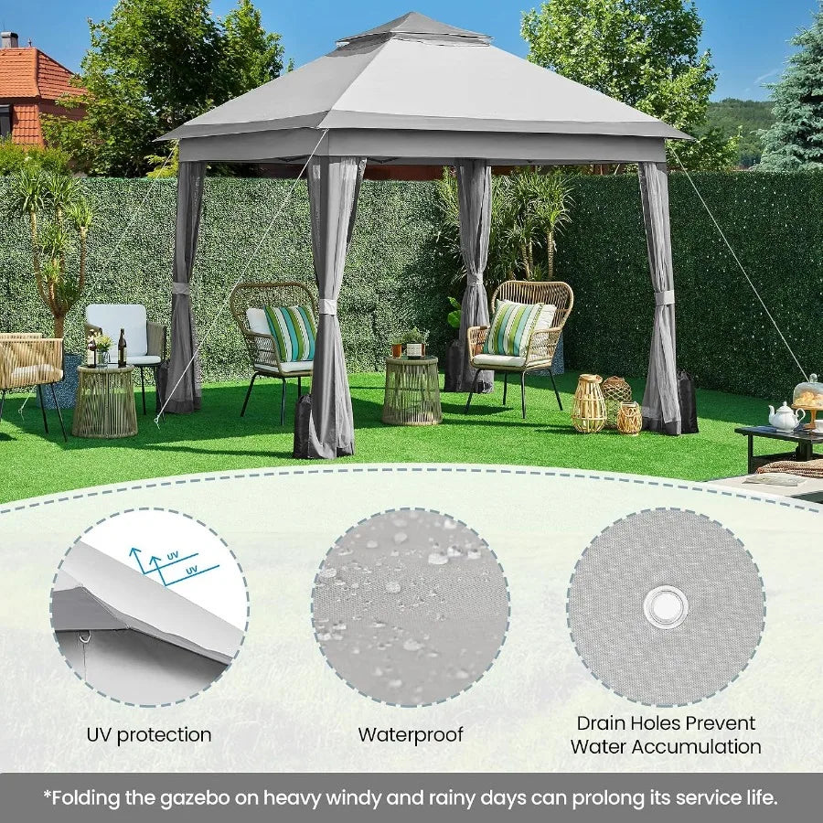 11x11 Pop Up Gazebo Double-Tier Canopy Tent w/Mesh Netting, Gray