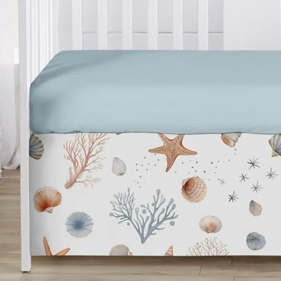 4-Piece Baby Crib Bedding Set Ocean Seashells for Boys or Girls Infants/Nursery incl. Blanket Fitted Sheet Skirt Diaper Stacker