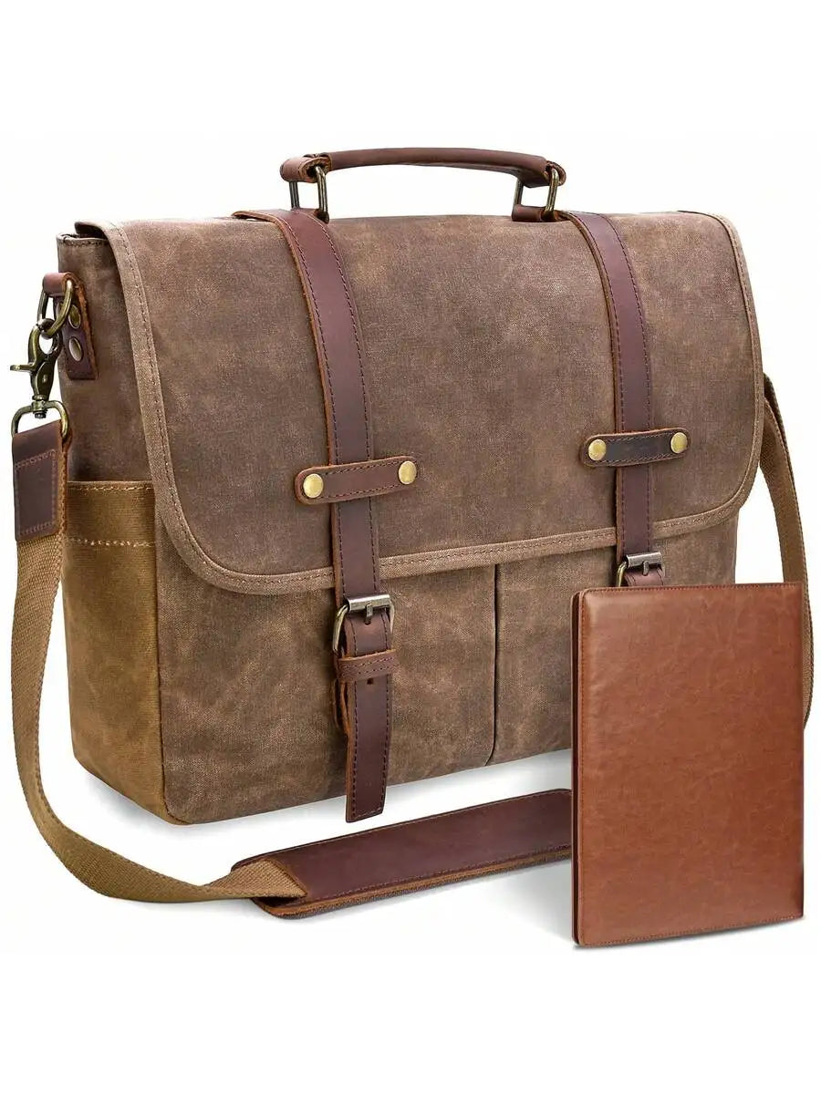 Men's Vintage Leather & Waxed Canvas Messenger Bag: Waterproof 15.6" Laptop Briefcase with Pencil Pouch. Rugged Satchel.