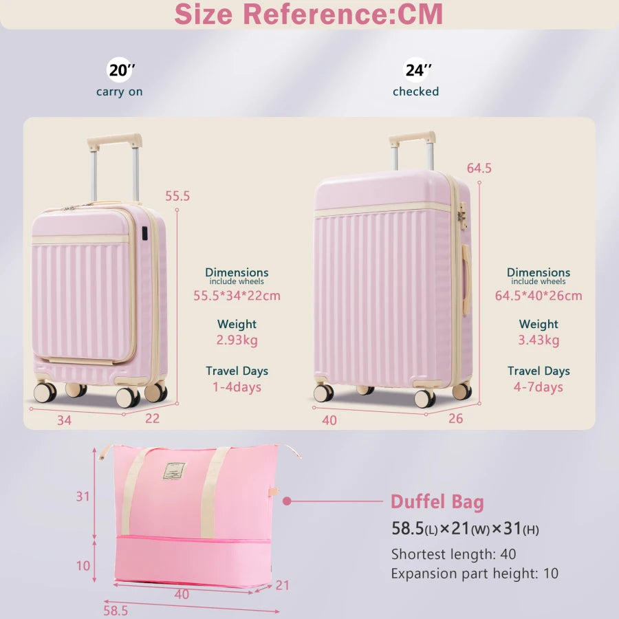 Front Opening Luggage Set 3 Piece: Hardside Carry-on Suitcase with USB Port, Expandable Design, Black Polycarbonate, TSA Lock S