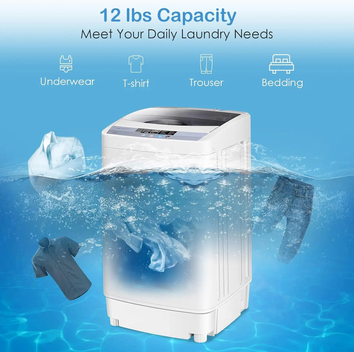 Portable Compact Washing Machine, 12lbs Capacity, Full-Automatic with Drain Pump, 10 Programs & 8 Water Levels
