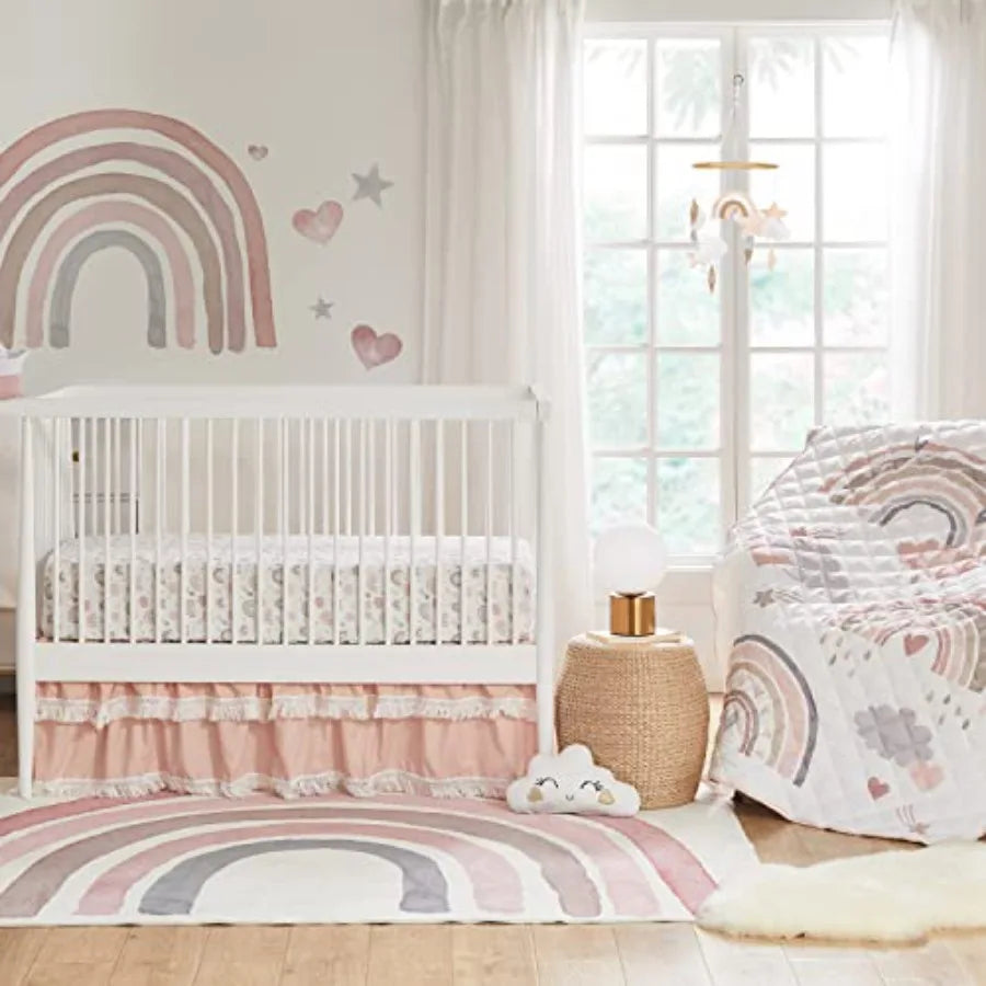 - Over The Rainbow 4-Piece Baby Bed Set - Pink Grey Taupe Tan and Coral - Includes Reversible Quilt Rainbow Fitted Sheet Pink F