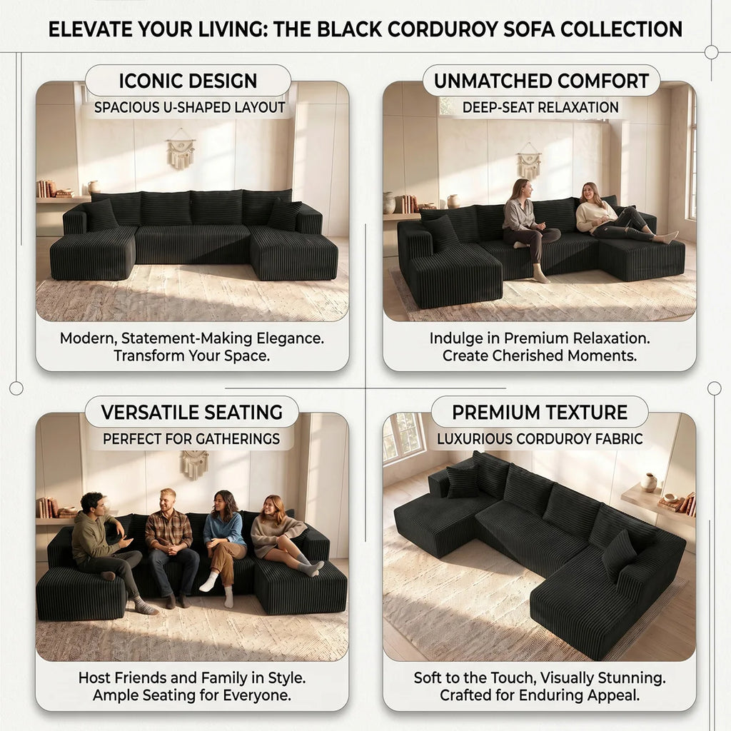 128" Boneless Modular Sectional Cloud Sofa, U-Shaped Double Chaise, Deep Seat, with 8 Free Throw Pillows for Living Room
