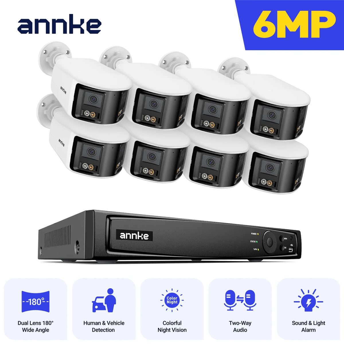 ANNKE Security Camera System 4K 8MP 180 Panoramic Dual Lens 8CH NVR PoE Camera Outdoor IR Night Vision 6MP CCTV Camera System