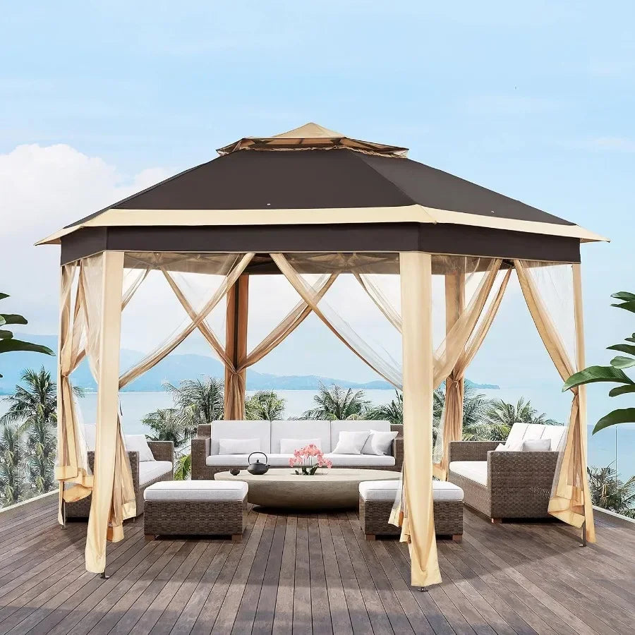 13x13 Pop Up Gazebo Double-Tier W/Mesh Netting Patio Canopy Brown