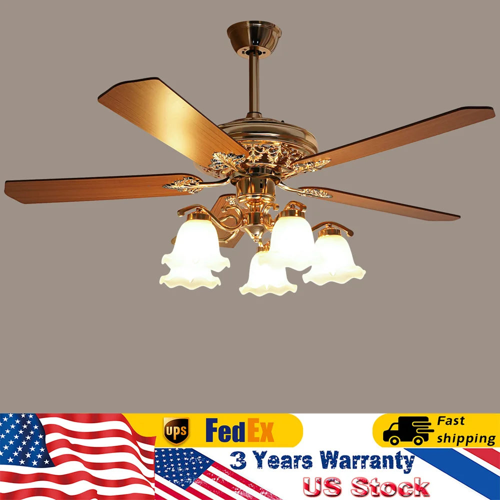 3-Speed Modern Ceiling Fan with Remote Control, 52-Inch Gold Chandelier Ceiling Fan with 5 Wooden Blades and 5 Glass Shades