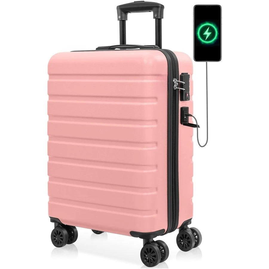 On Luggage 21 Hardside PC ABS Lightweight USB Suitcase with Wheels TSA Lock for kids Pink