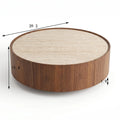 Round Coffee Table, with A Sintered Stone Top Featuring Inlaid Details and Natural Walnut Veneer, Incorporating Storage Space