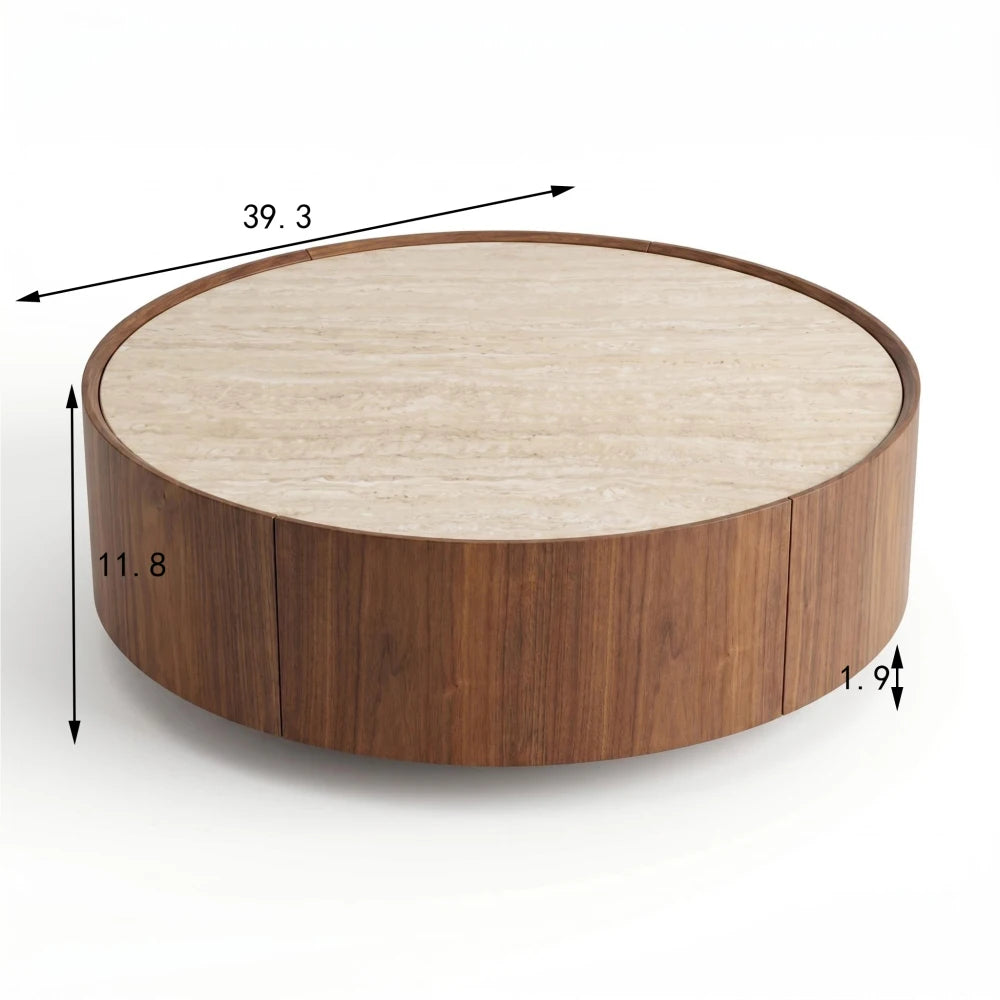 Round Coffee Table, with A Sintered Stone Top Featuring Inlaid Details and Natural Walnut Veneer, Incorporating Storage Space