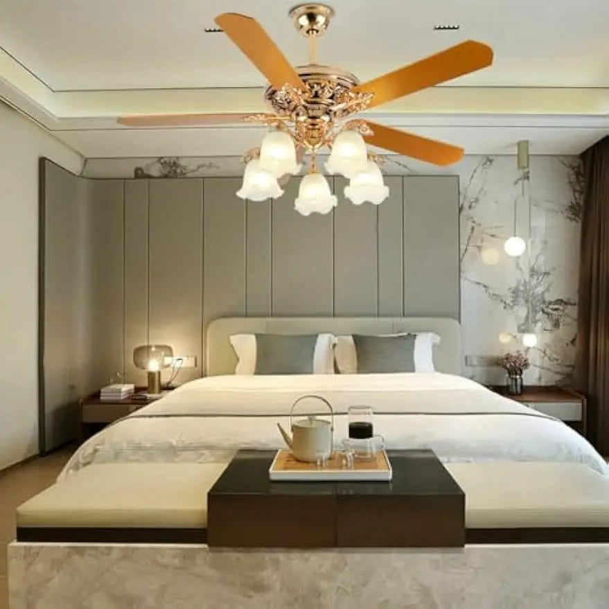 3-Speed Modern Ceiling Fan with Remote Control, 52-Inch Gold Chandelier Ceiling Fan with 5 Wooden Blades and 5 Glass Shades