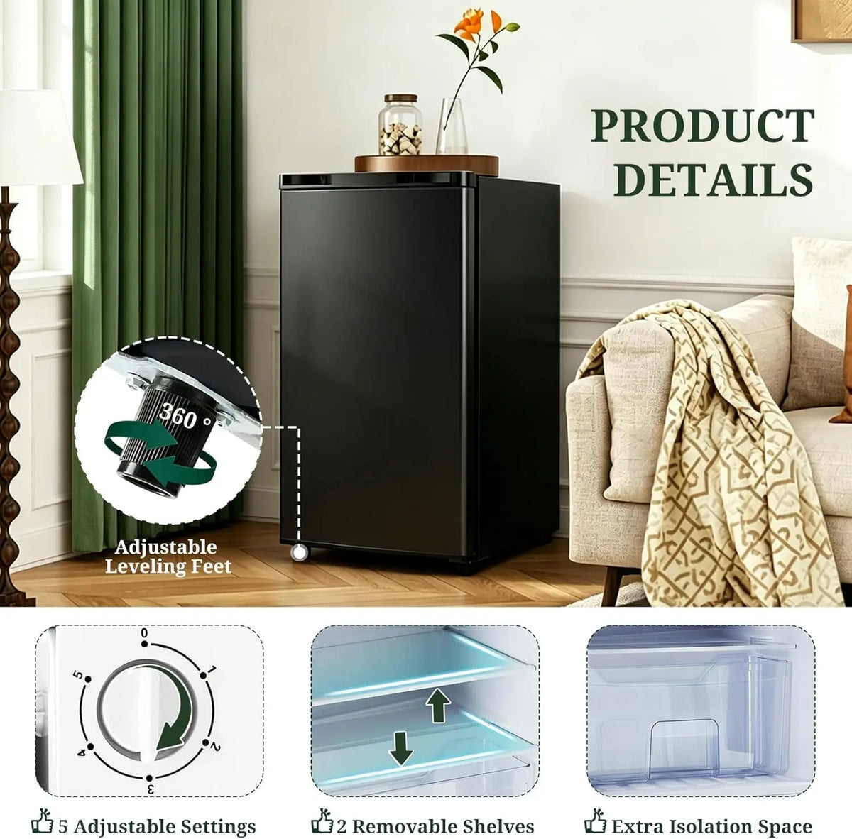 Mini Fridge with Freezer, 3.2 Cu.Ft Compact Refrigerator with Adjustable Thermostat, Energy Efficient 0.41kWh/Day, Small Fridge