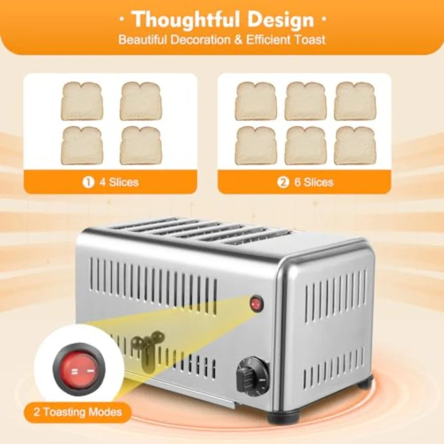 6-Slice Pop-up Bread Baking Machine Electric Countertop Toaster with Stainless Steel Wide Slots and 1-5 Minute Timer for Home R
