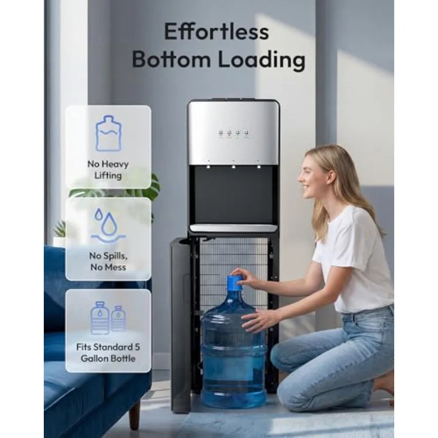 Self-Cleaning Bottom-Loading Water Dispenser for 5 Gallon Bottles - Black 3 Temperature Settings with Hot Room and Cold Water O