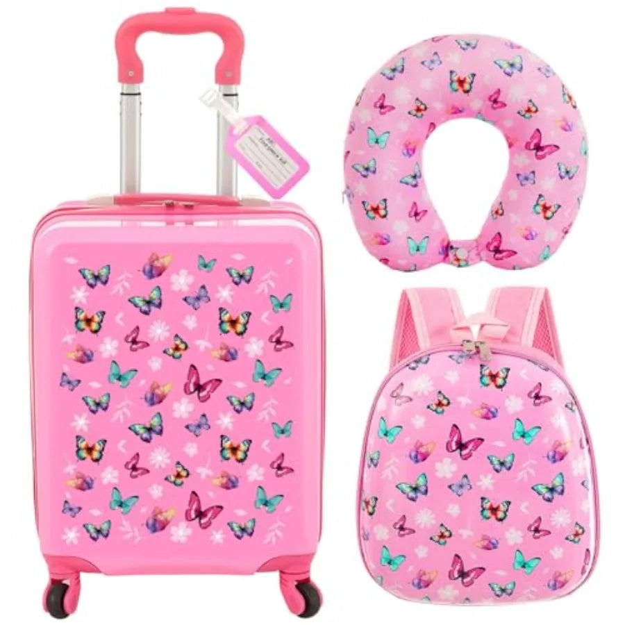 4 Pcs Luggage Set Carry On Rolling Suitcase Backpack Neck Pillow Travel Set Gift for Girls Boys Summer Camp