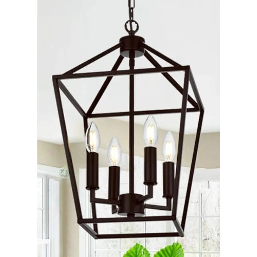 Farmhouse Chandelier in Oil Rubbed Bronze, 4-Light Vintage Openwork Cage Lantern Pendant for Kitchen Island, Dining Room, Entry