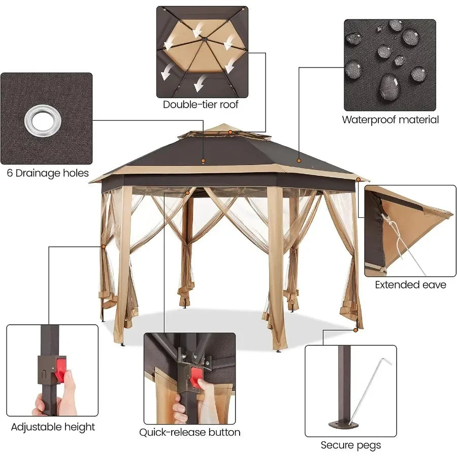 13x13 Pop Up Gazebo Double-Tier W/Mesh Netting Patio Canopy Brown