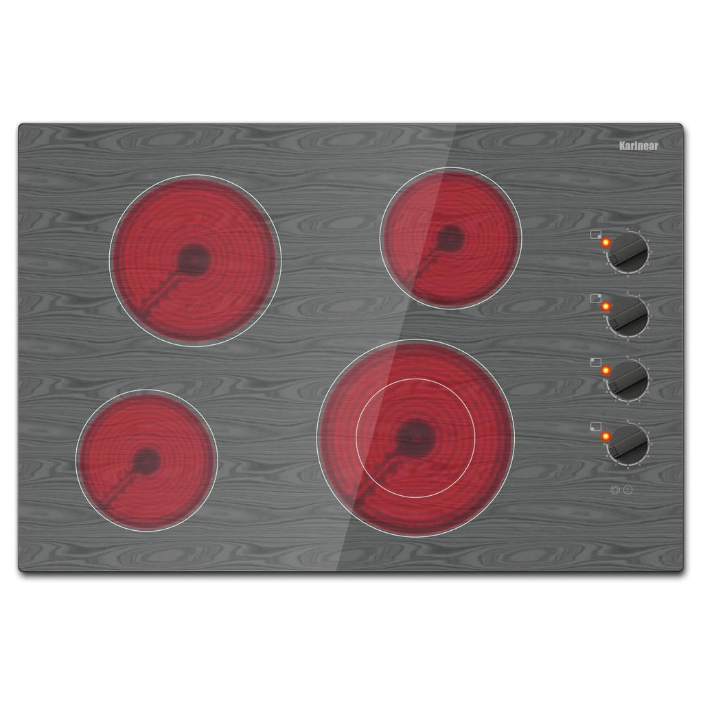 Karinear 4 Burners Ceramic Electric Cooktop, Knob Control, Beautiful Wooden Pannel, 30" Built-in,6700W, 220-240v Hard Wired