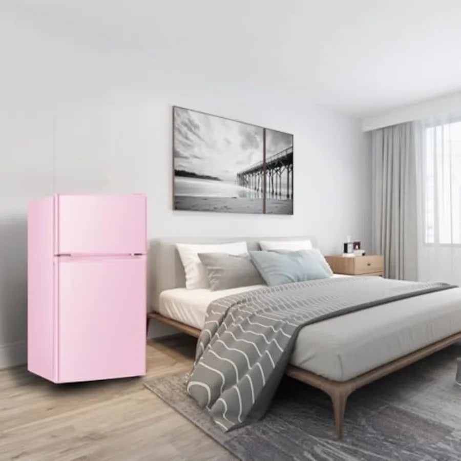 Mini fridge with freezer for bedroom, office, kitchen, apartment, dorm; pink compact refrigerator, 3.2 cu.ft, two-door design,