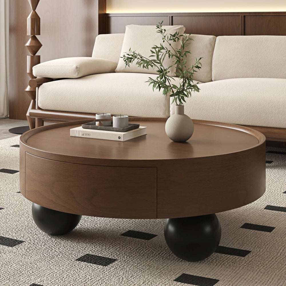 Round Walnut Coffee Table with Storage Drawer and Black Ball Feet, Mid-Century Modern Wooden Cocktail Table for Living Room FYCT