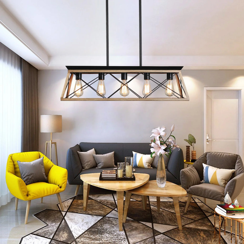 Farmhouse Chandeliers for Dining Room, 5-Light Rustic Kitchen Island Lighting, Adjustable Height Pendant Light Oak (No Bulbs)