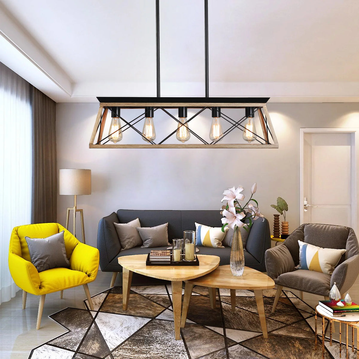 Farmhouse Chandeliers for Dining Room, 5-Light Rustic Kitchen Island Lighting, Adjustable Height Pendant Light Oak (No Bulbs)