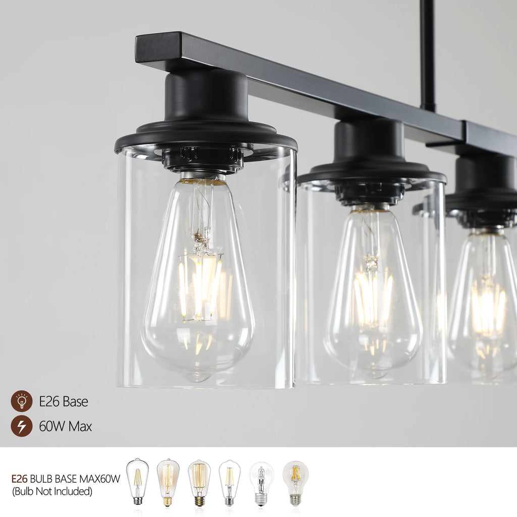 Chandelier Dining Table 5-Light Kitchen Island Pendant Light, Modern Chandelier Light with Clear Glass Shades, Matte Black Iron