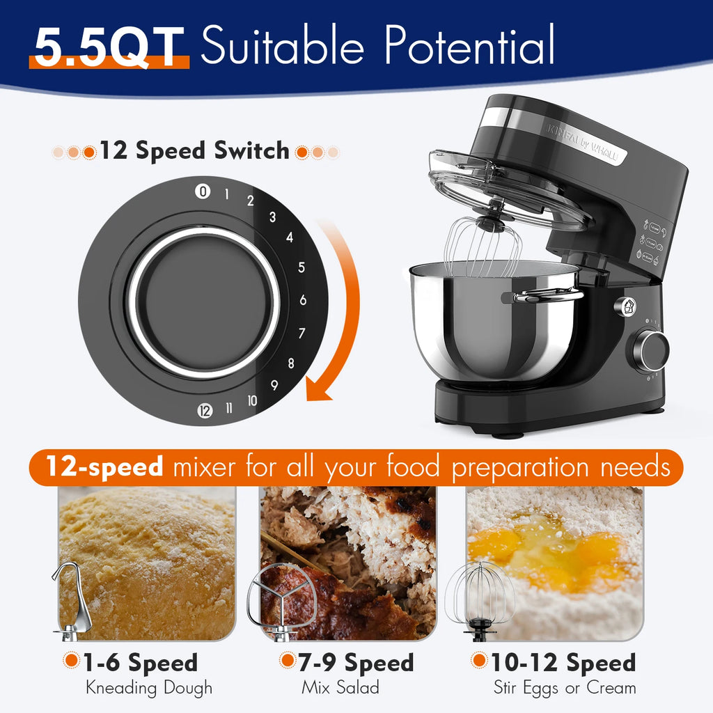 WHALL Kitchen Mixer, 12-Speed Tilt-Head Electric Stand Mixer – With Dough Hook, Wire Whip & Stainless Steel Bowl